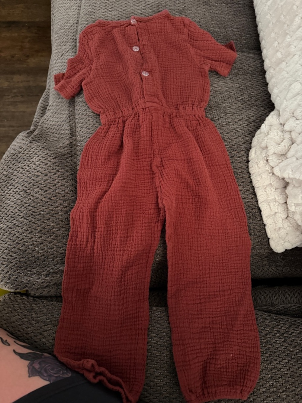 Kids Rust Gauze Jumpsuit with Button-Front